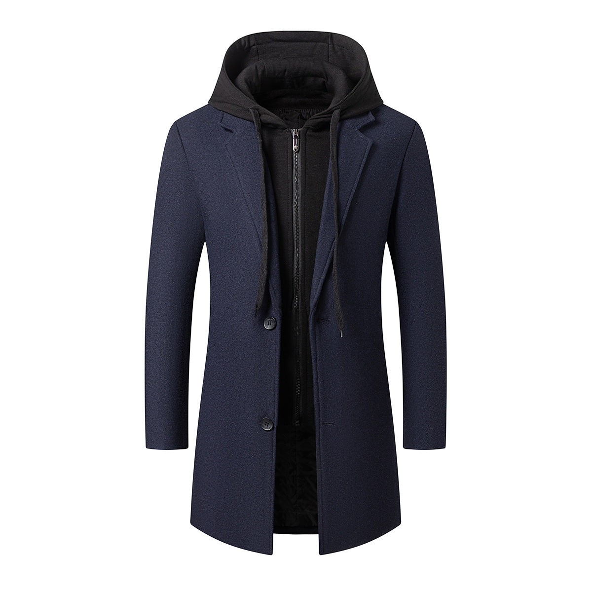 Men's Long Wool Blend Overcoat with Integrated Hooded Inner Jacket and Two-Way Zipper Chichicherry