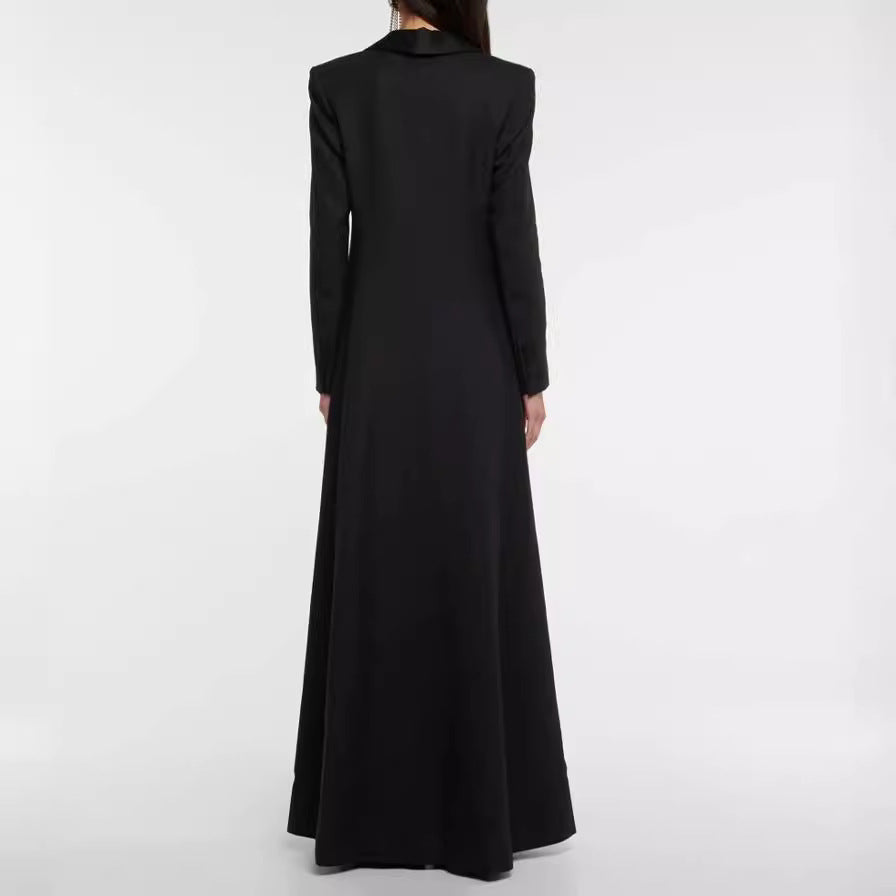 Women's maxi dress in tuxedo style with deep V-neck and tailored single-button closure Chichicherry