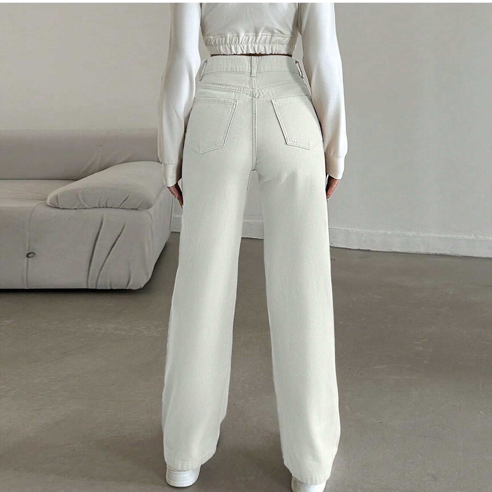 Women's High-Waisted Wide Five-Pocket Pants Made of Stretch Denim with Flared Leg Chichicherry
