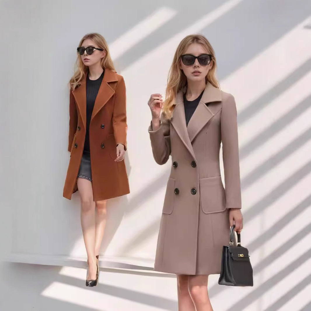 Women's Mid-Length Wool Blend Coat with Wide Lapels and Tailored Fit Chichicherry