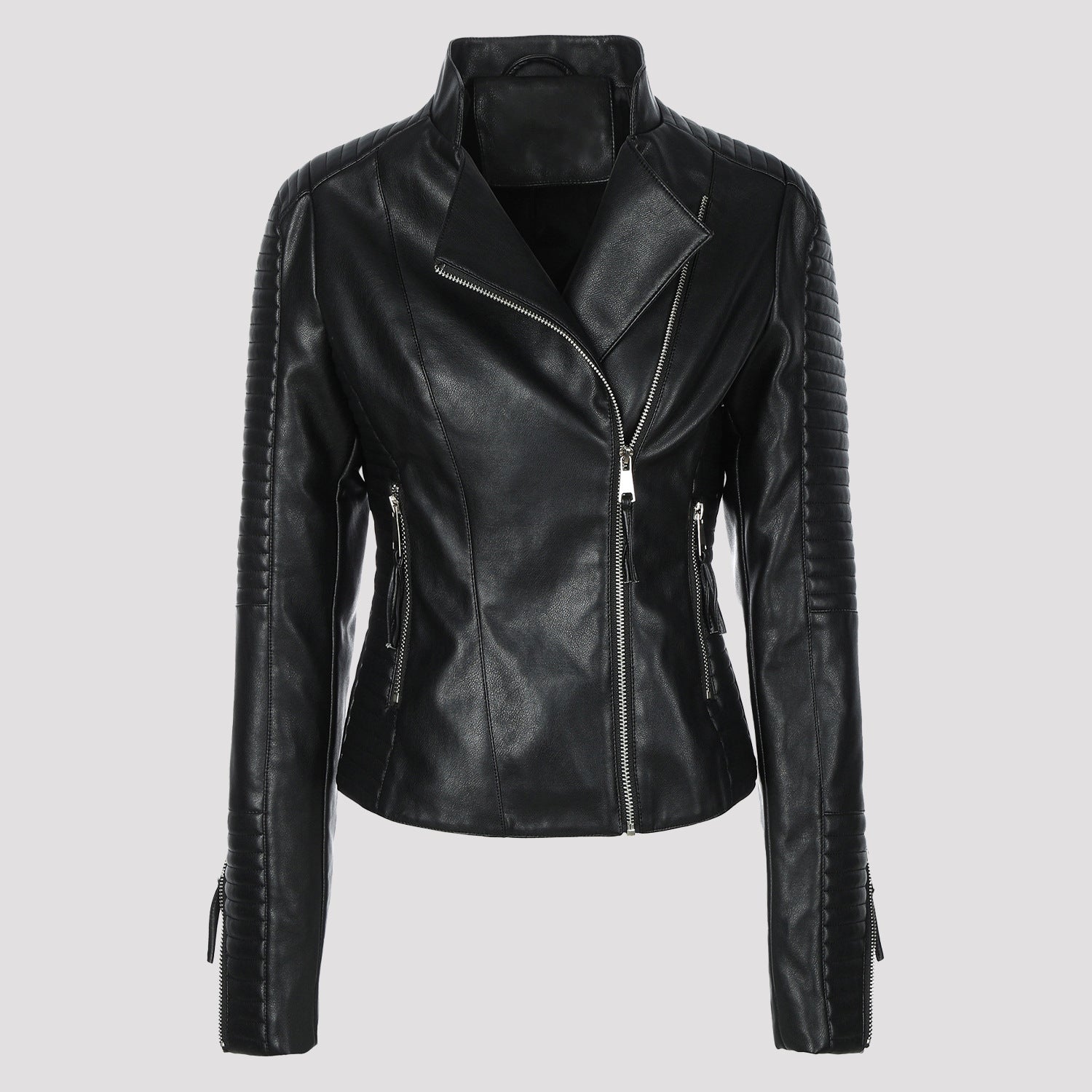 Women's Slim Fit Biker Jacket with Quilted Sleeve and Shoulder Area Chichicherry