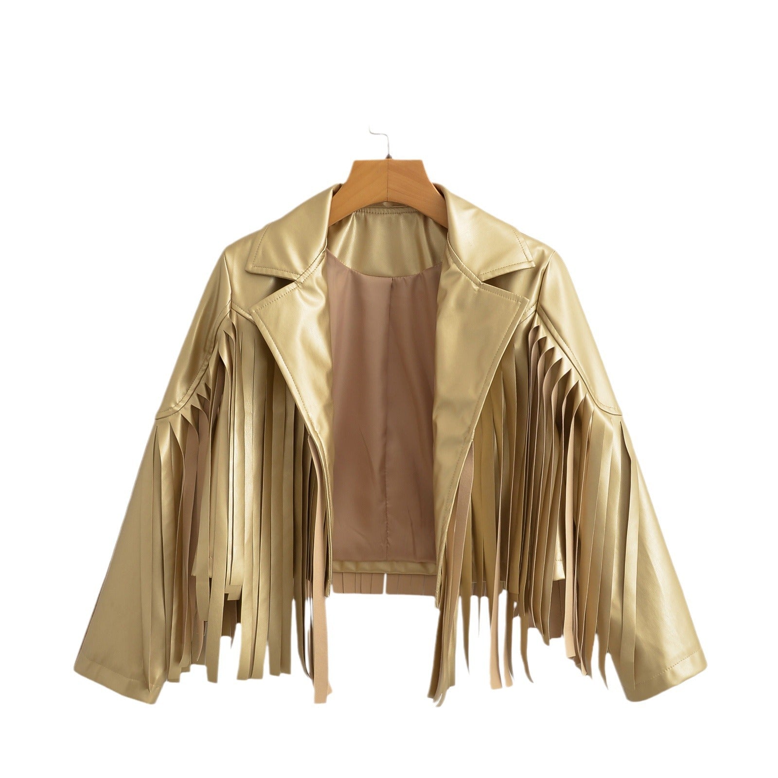 Women’s short jacket in biker style with metallic look and long leather fringes Chichicherry