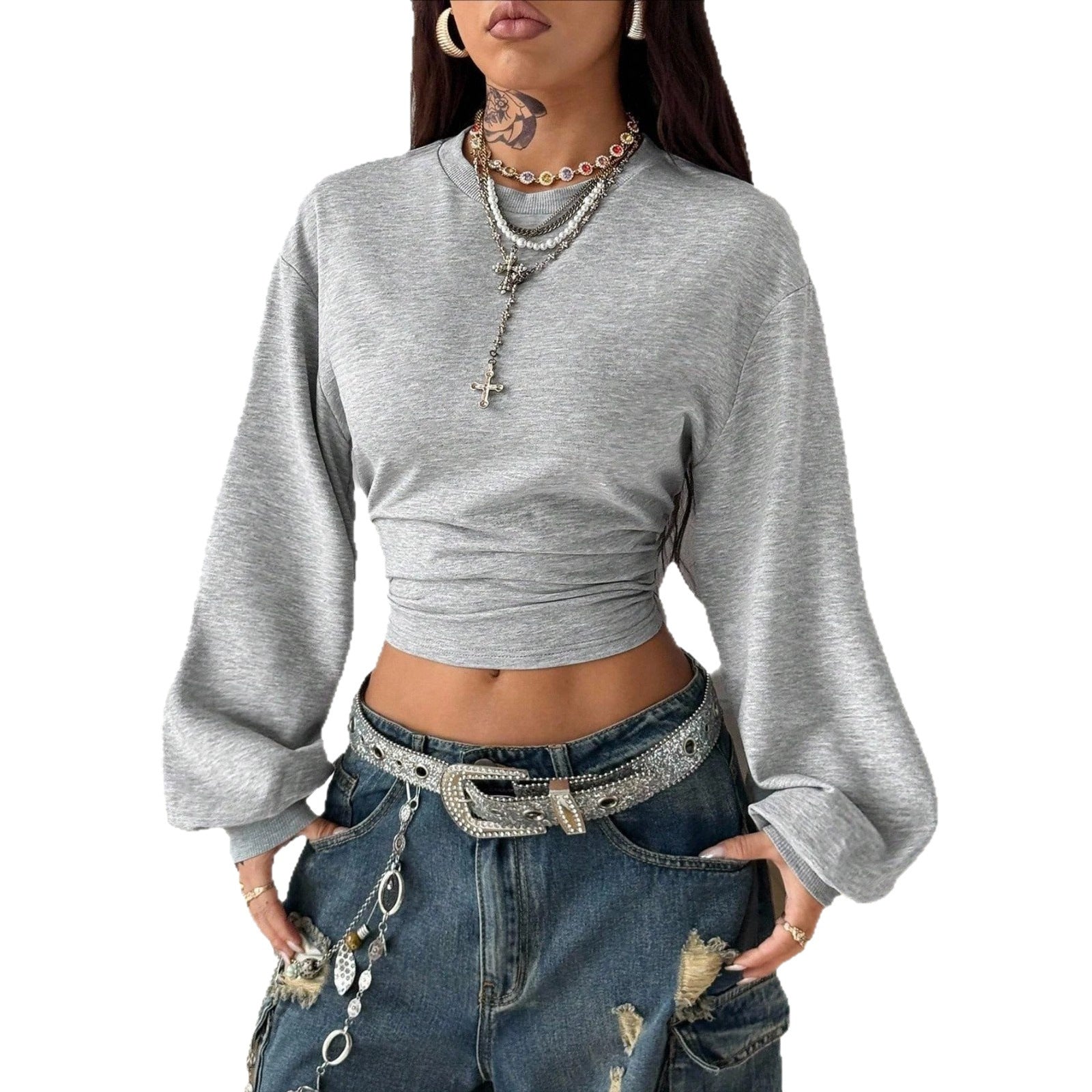 Women's Cropped Sweatshirt with Waist Gathering and Wide Raglan Sleeves Chichicherry