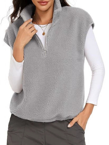 Women Sleeveless Teddy Fleece Vest with Half Zip and Stand Collar Chichicherry