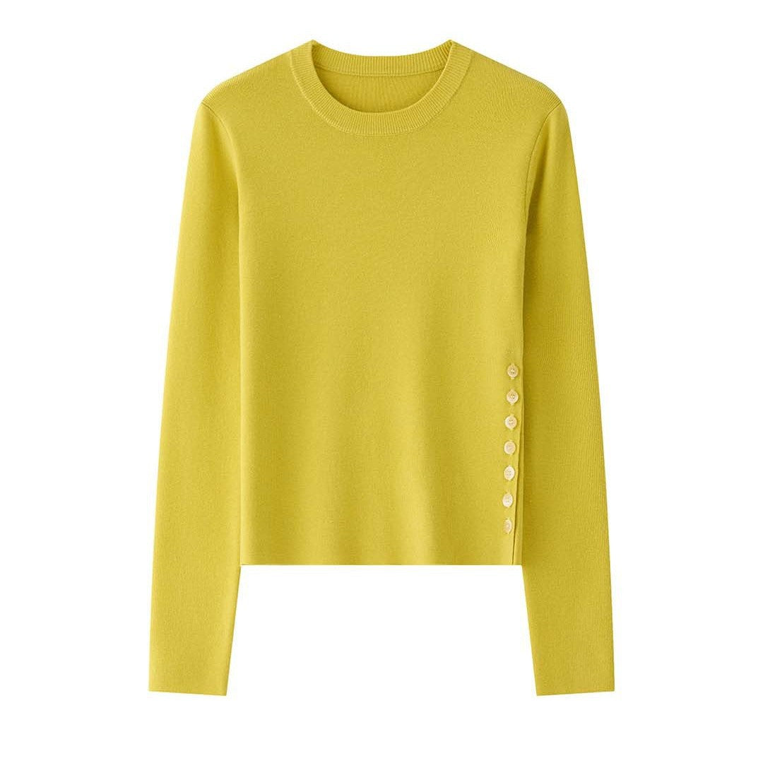 Women’s Figure-hugging Fine Knit Sweater with Round Neck and Decorative Side Button Placket Chichicherry