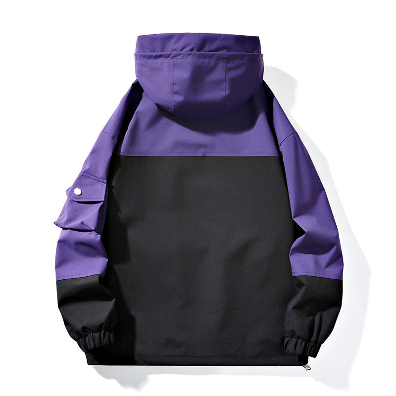 Unisex Lightweight Hooded Wind Jacket in Colorblock Utility Style with Large Pockets and Drawstring Hood