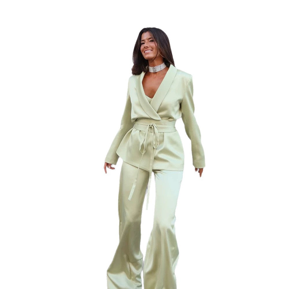 Women's Satin Two-Piece with Fitted Wrap Blazer and Wide Palazzo Pants Chichicherry