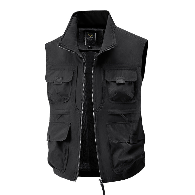 Men's Multi-Pocket Utility Vest with High Collar Two-Way Zipper & Mesh Lining Chichicherry