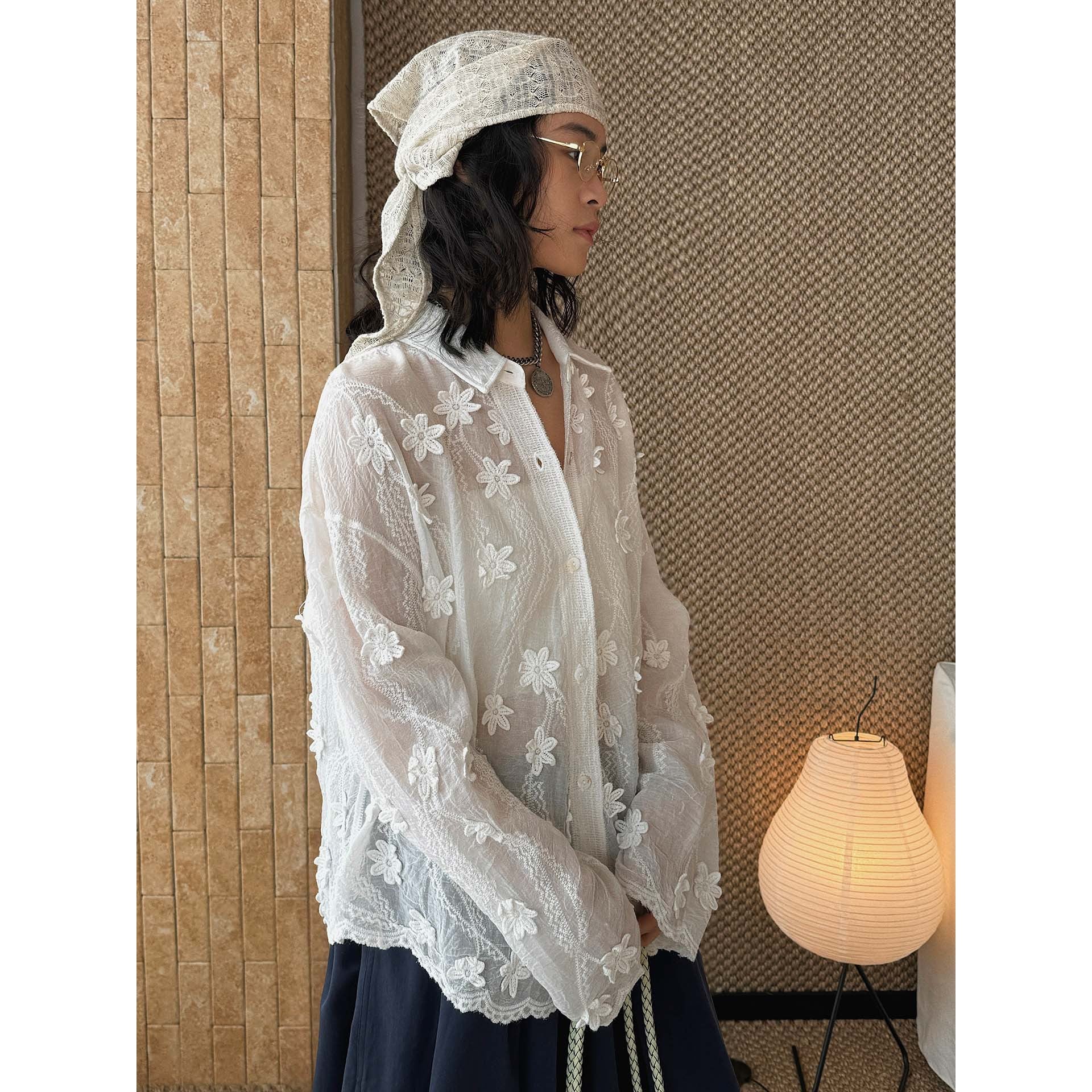 Women's Transparent Blouse with 3D Flower Embroidery, Shirt Collar and Button Placket Chichicherry