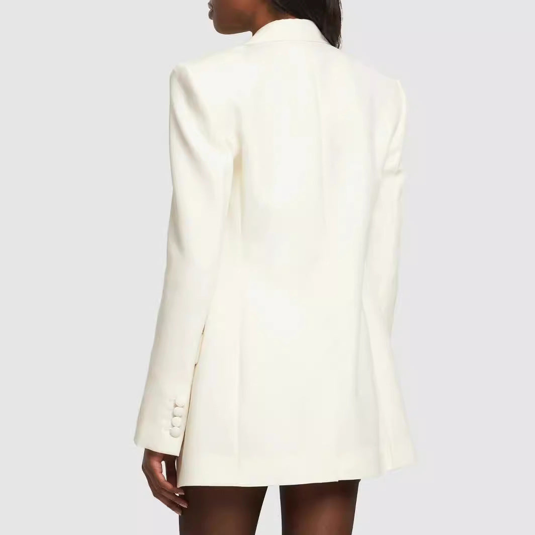 Women Double-Breasted Blazer Coat in Tuxedo Style with Contrasting Shawl Collar Chichicherry
