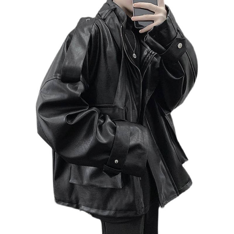 Herren Weitgeschnittene Kunstlederjacke mit Kapuze, Utility-Taschen und verstellbaren Manschetten Chichicherry