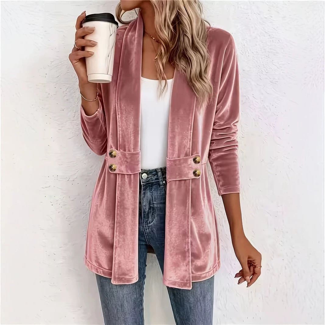 Women Velvet Long Blazer with Shawl Collar and Decorative Button Placket Chichicherry