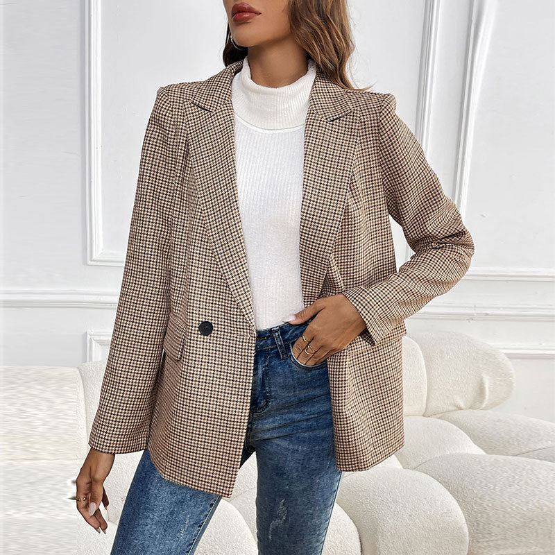 Women's Oversized Houndstooth Blazer with Lapel Collar and Flap Pockets Chichicherry