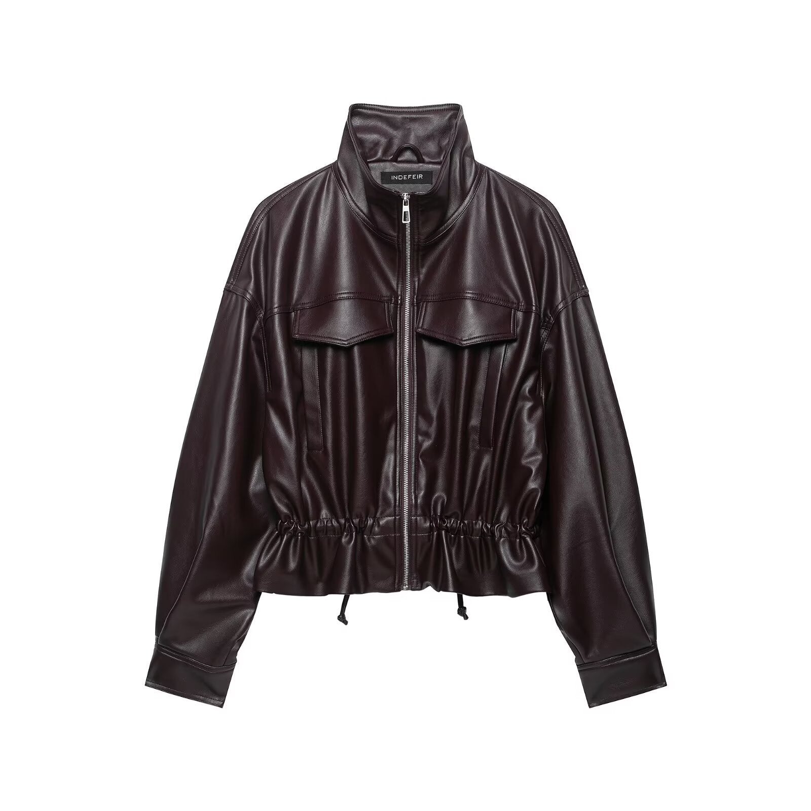 Women's cropped faux leather bomber jacket with drawstring waist Chichicherry