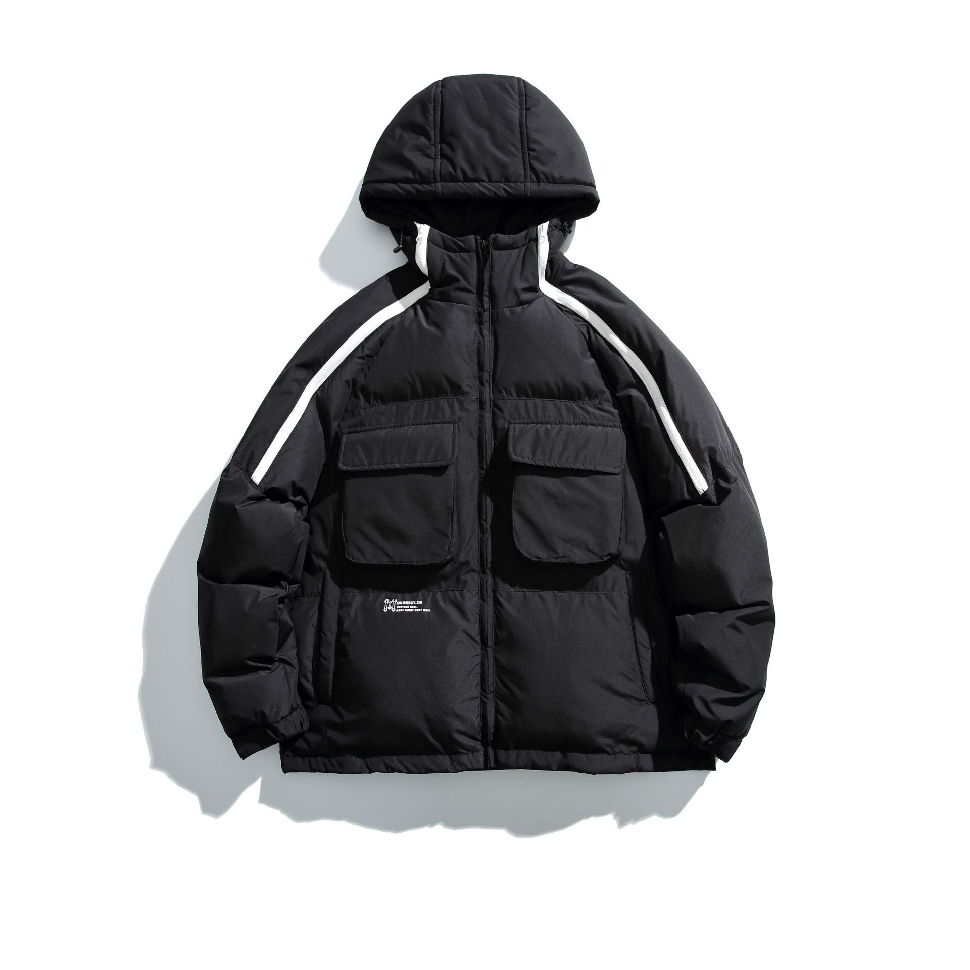 Unisex Short Cut Boxy Puffer with Hood, Contrast Stripes and Large Flap Pockets Chichicherry