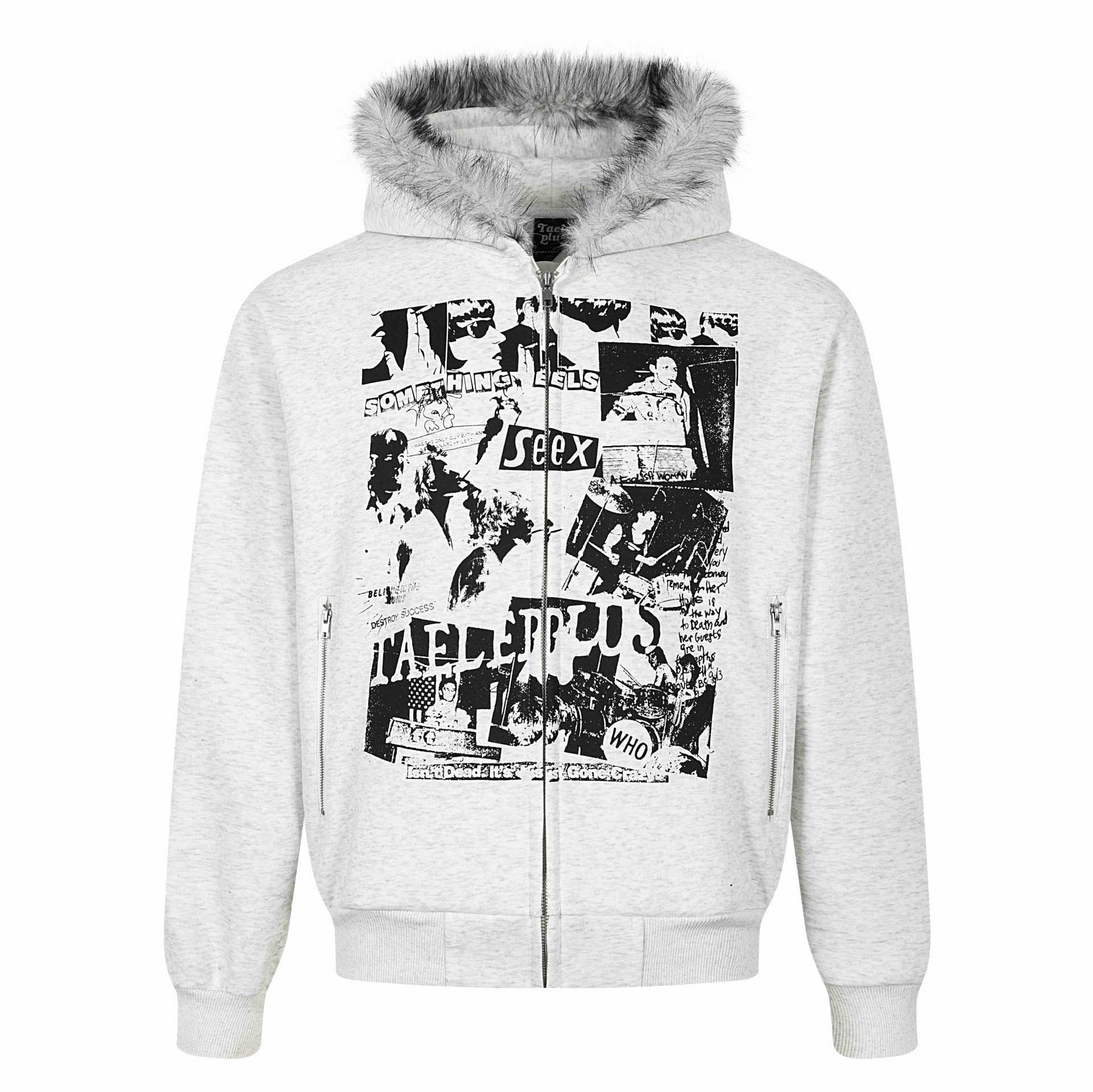 Women's hooded sweatshirt jacket with artificial fur trim, front zip and collage print Chichicherry