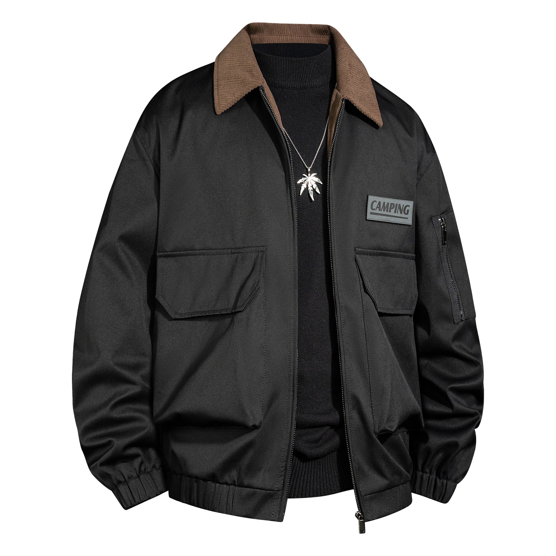 Men's Outdoor Bomber Jacket with Cord Collar and Multifunction Pockets Chichicherry