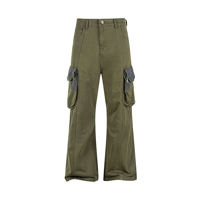 Women Cargo Pants with Wide Leg, Utility Pockets and Plaid Pattern Details Chichicherry