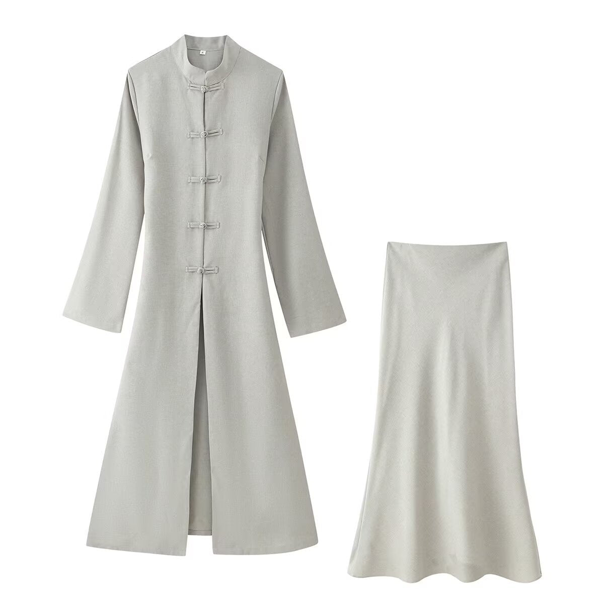 Women's Two-Piece Set: Long Coat with Mandarin Collar and A-Line Maxi Skirt Chichicherry