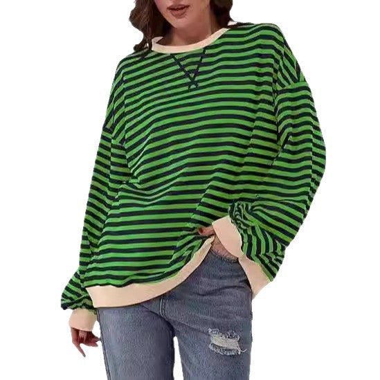 Women Striped Oversized Sweater with Contrast Cuffs Chichicherry