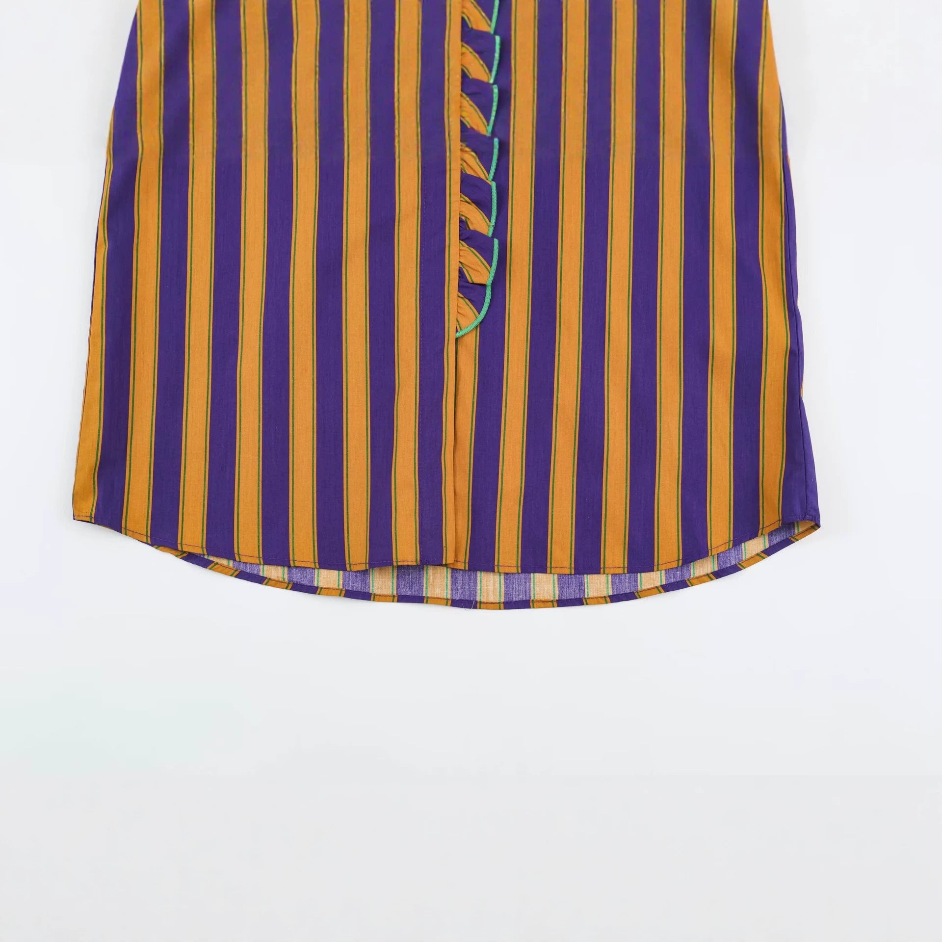 Women's Striped Blouse with Stand-up Collar, Ruffle Trim and Gathered Cuffs Chichicherry