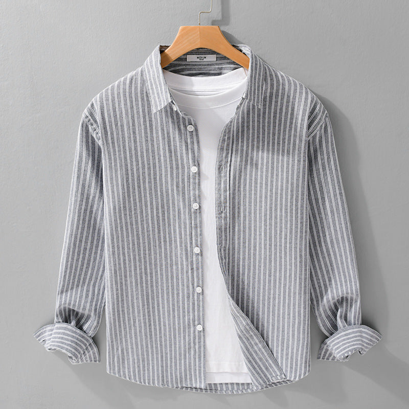 Men's Casual Linen-Cotton Long Sleeve Shirt with Fine Pinstripe, Easy-Care Finish and Curved Hem Chichicherry