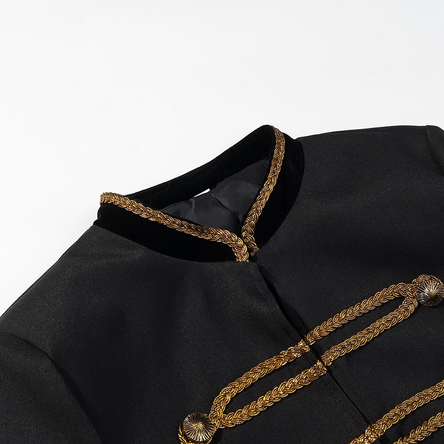 Women's Cropped Parade Military Jacket with Gold Decorative Cord, Stand-Up Collar and Velvet Trim Chichicherry