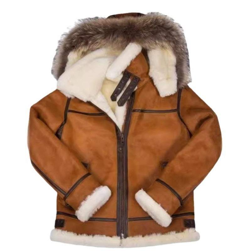 Men's shearling bomber jacket in aviator style with hood and contrasting leather trim Chichicherry
