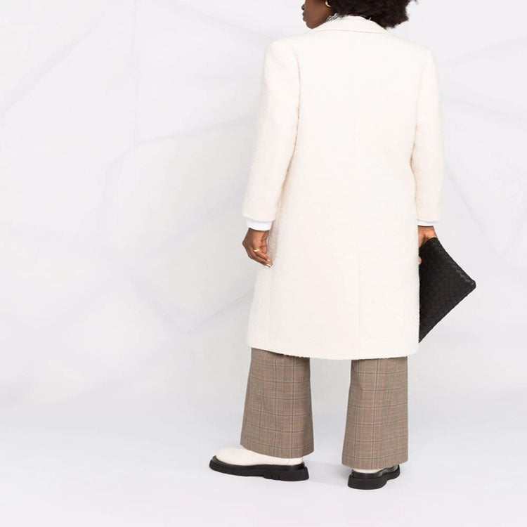 Women Mid-length Tailored Wool Blend Coat with Double Breasted, Patch Pockets and Subtle Decorative Buttons Chichicherry