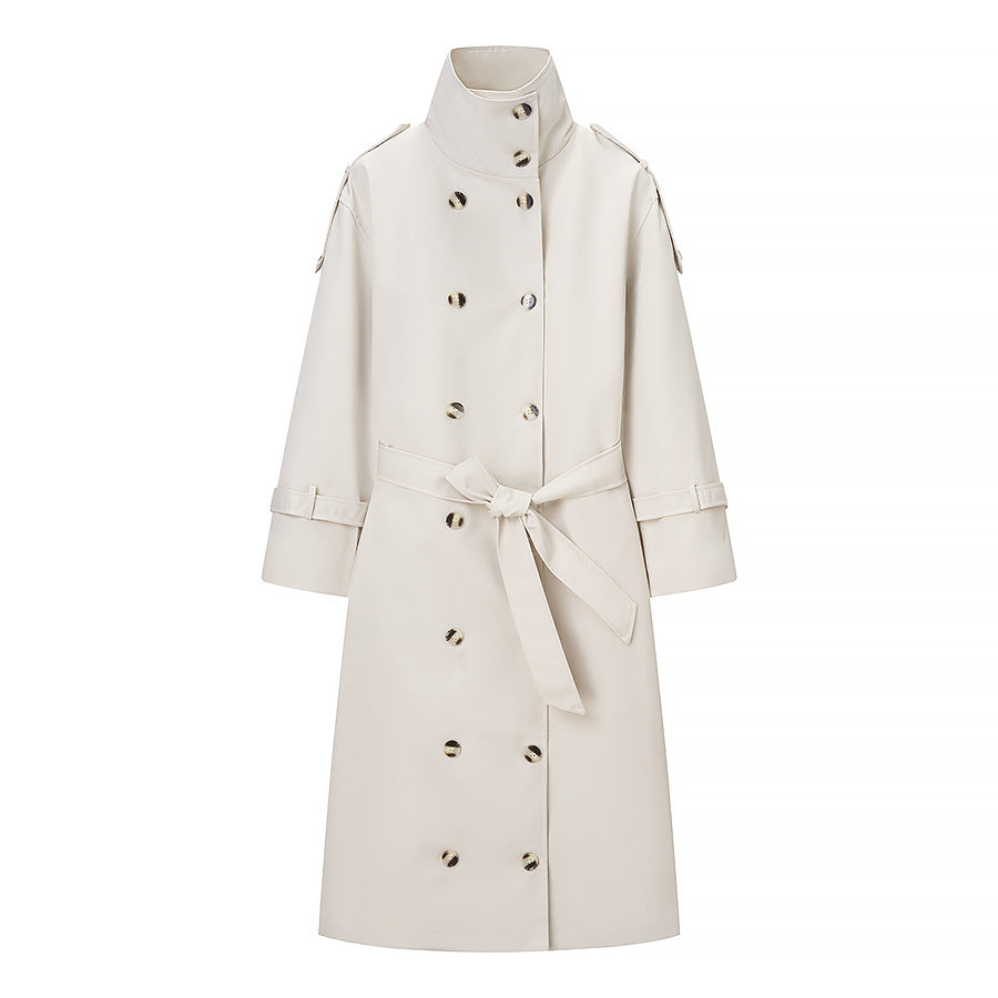 Women's Double-Breasted Leather-Look Coat with High Standing Collar and Tie Belt Chichicherry