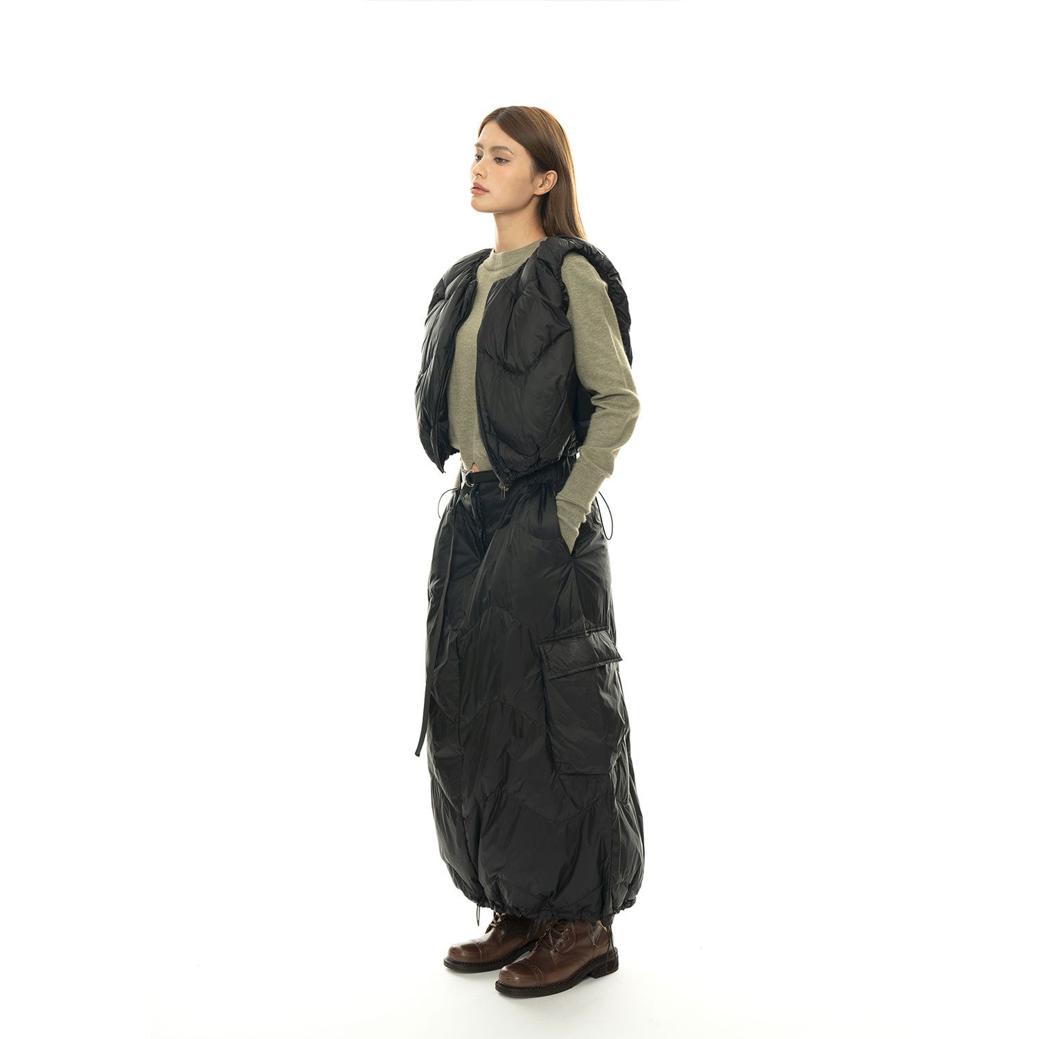 Women's Padded Quilted Midi Skirt with Cargo Pocket and Drawstring Chichicherry