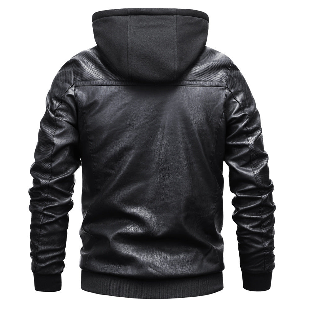 Men's Faux Leather Hoodie Bomber with Teddy Lining, Perforated Sleeves, and Ribbed Cuffs Chichicherry