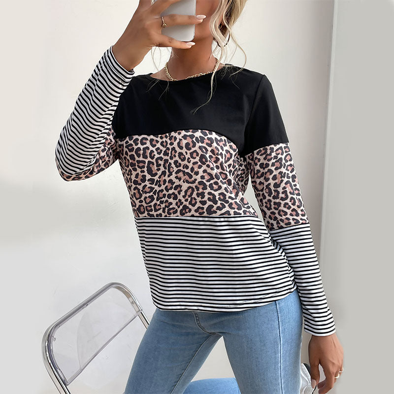 Women's Colorblock Long Sleeve Top with Leopard and Stripe Mix Chichicherry