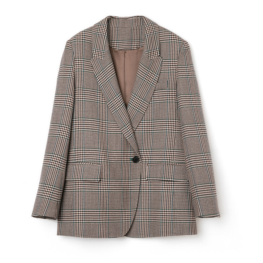 Women's Glencheck Oversize Blazer with Structured Shoulder and Patch Pockets Chichicherry