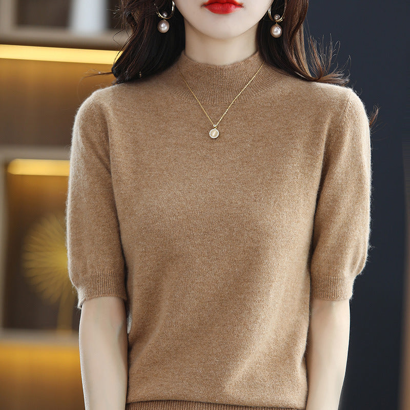 Women Short Sleeve Fine Knit Sweater with Half Turtleneck Chichicherry