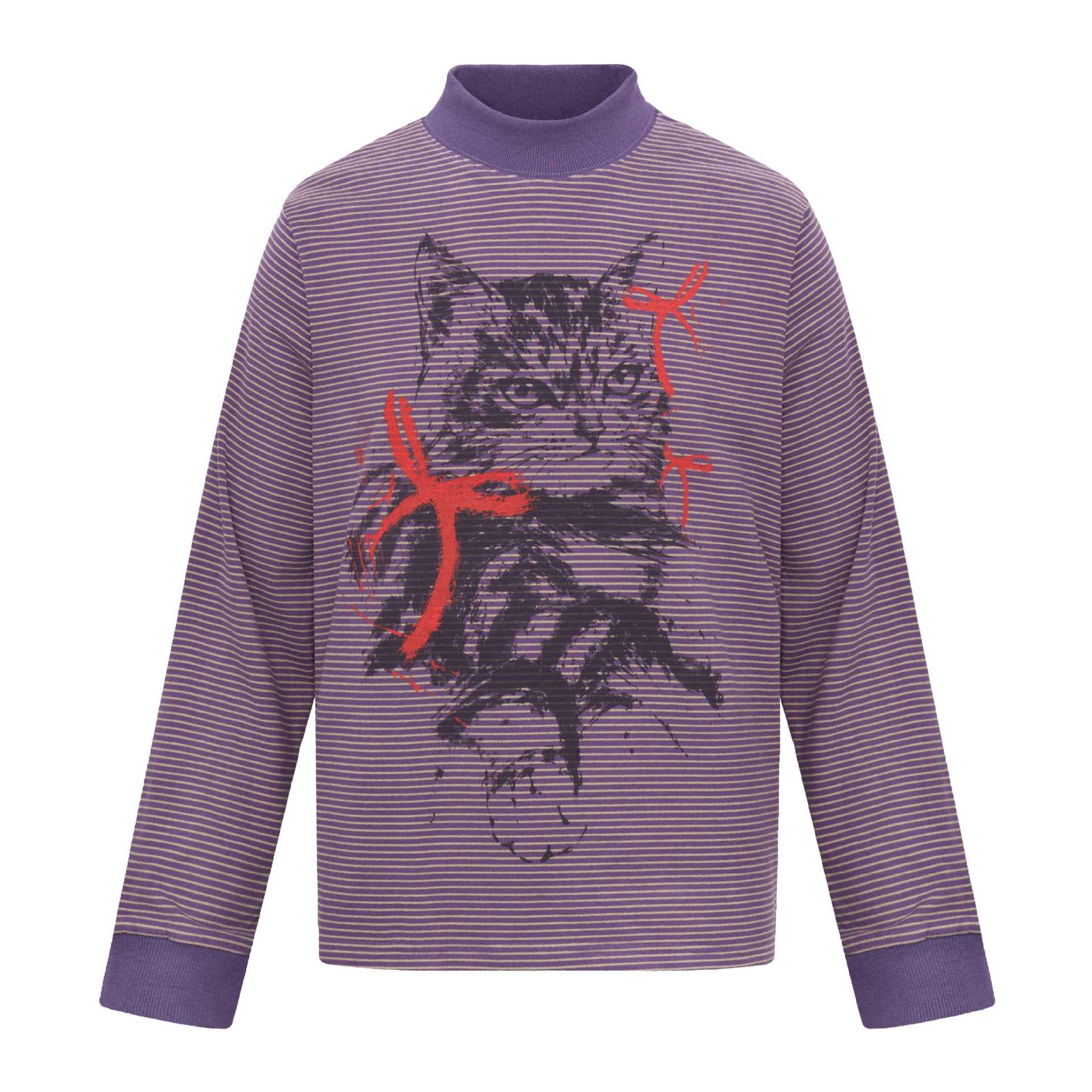 Unisex Striped Long Sleeve with Stand Collar, Oversize Cut and Cat Print Chichicherry