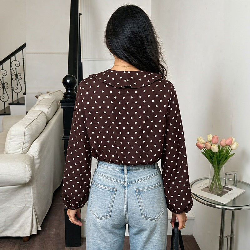 Women Polka Dot Ruffled Blouse with V-Neck, Long Sleeves and Elastic Cuffs Chichicherry