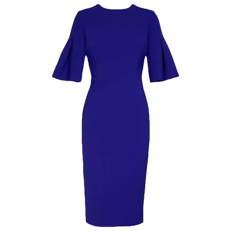 Women's figure-hugging midi dress with trumpet sleeves and round neckline Chichicherry