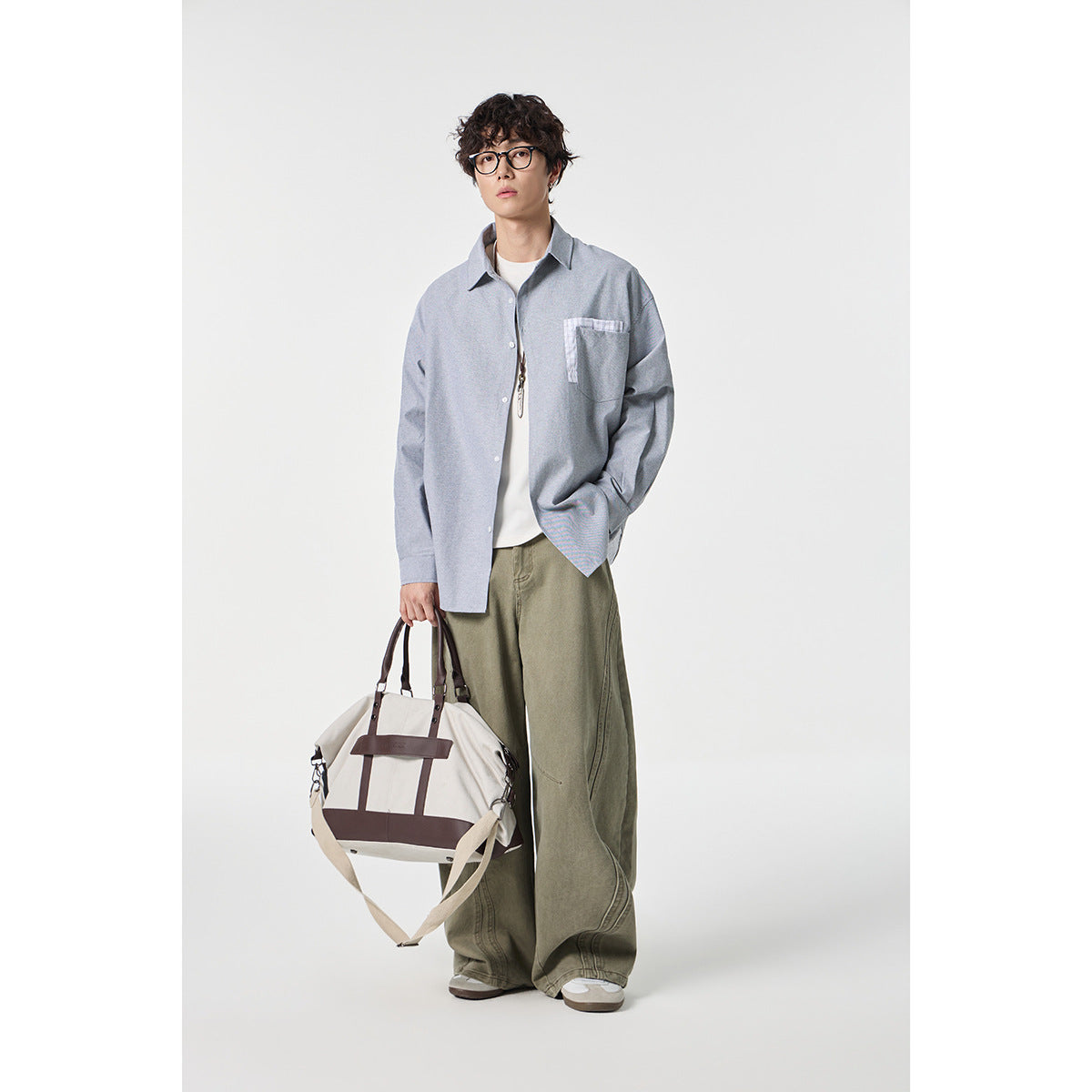 Women's Oversized Cotton Shirt with Check Trim at Chest Pocket and Hem