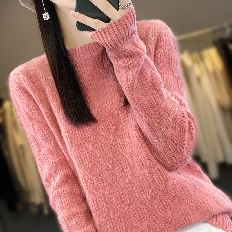 Women's Soft Mohair-Look Round Neck Sweater with Raised Tulip Texture Chichicherry