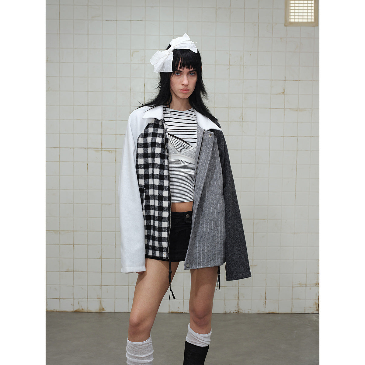 Unisex Classically tailored patchwork blouson jacket made of wool blend with shirt collar Chichicherry