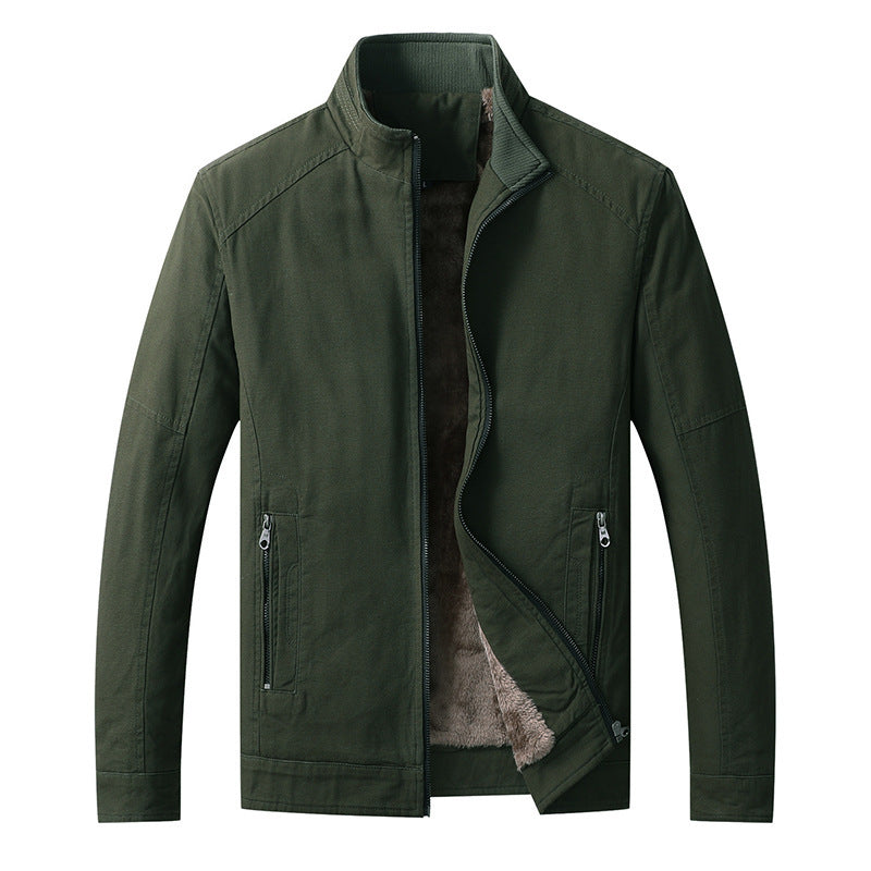 Men's Canvas Field Jacket with Teddy Fleece Lining, Stand Collar and Zipper Chichicherry