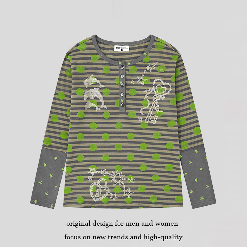 Women Striped Henley Long Sleeve Shirt with Contrast Sleeves, Star Print and Decorative Stone Motifs Chichicherry