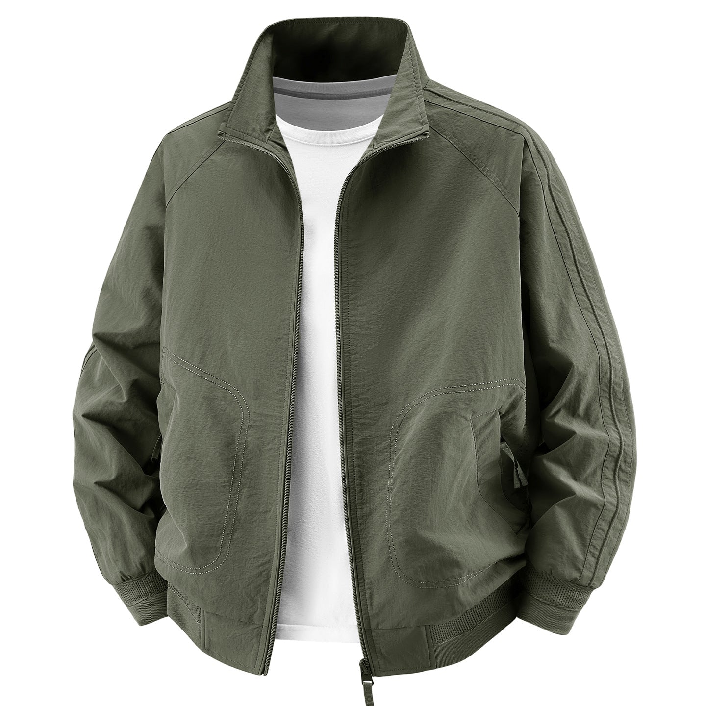 Men's Light Utility Bomber Jacket with High Stand Collar and Large Round Pockets Chichicherry