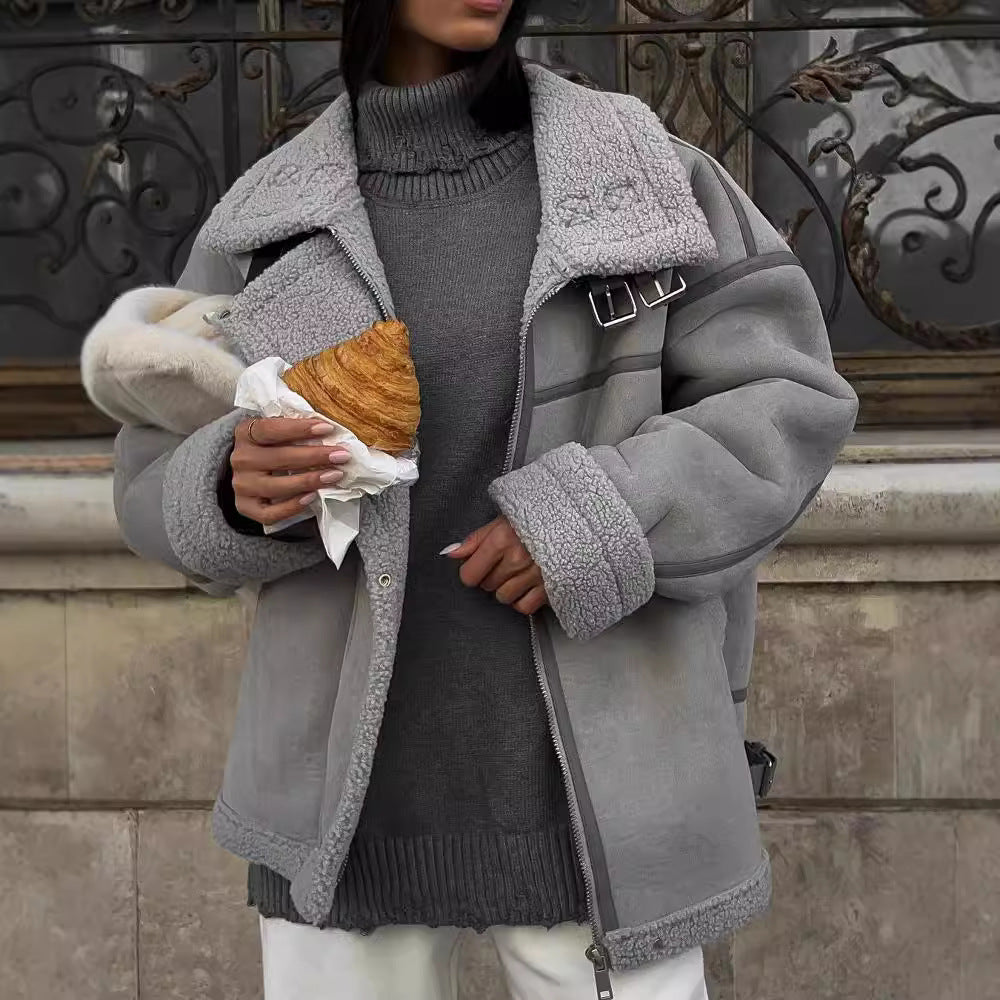 Damen Weit geschnittene Lammfellimitat-Fliegerjacke mit Kunstfellfutter Chichicherry
