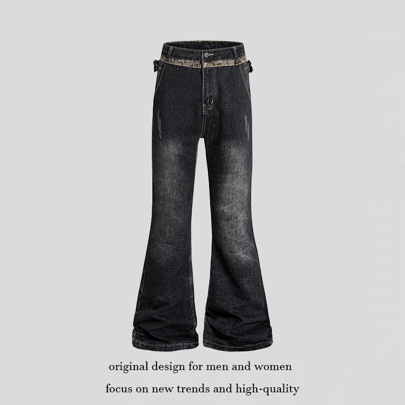 Women's High Waisted Flared Jeans with Adjustable Hip Straps and Vintage Wash Chichicherry