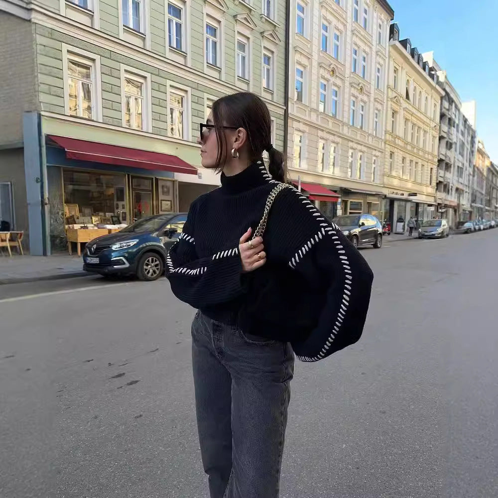 Women's Oversize Knit Sweater with Stand Collar, Balloon Sleeves and Decorative Stitch Chichicherry
