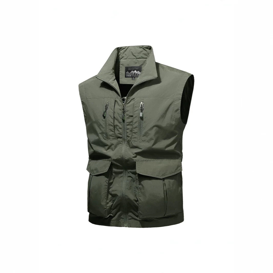 Men's Travel Performance Vest with High Collar, Water-Repellent Microfiber and Multiple Pockets Chichicherry