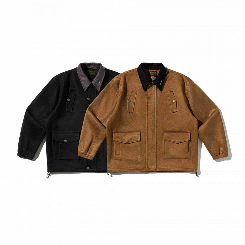 Men's boxy wool blend blouson jacket with cord collar, flap pockets, and drawstring hem Chichicherry