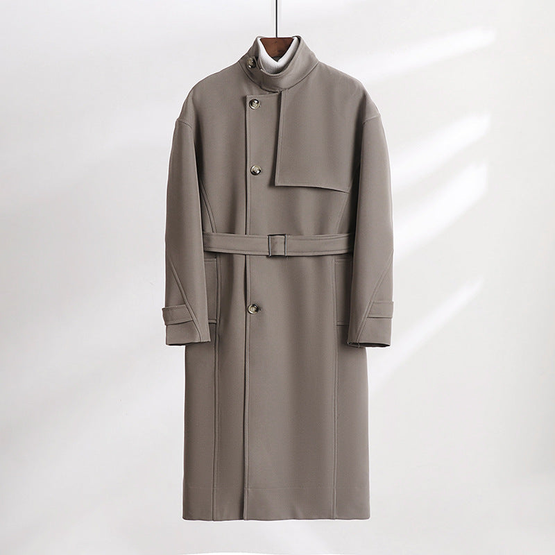 Men's Long-Cut Minimalist Trench Coat with Shawl Collar and Adjustable Sleeve Straps Chichicherry